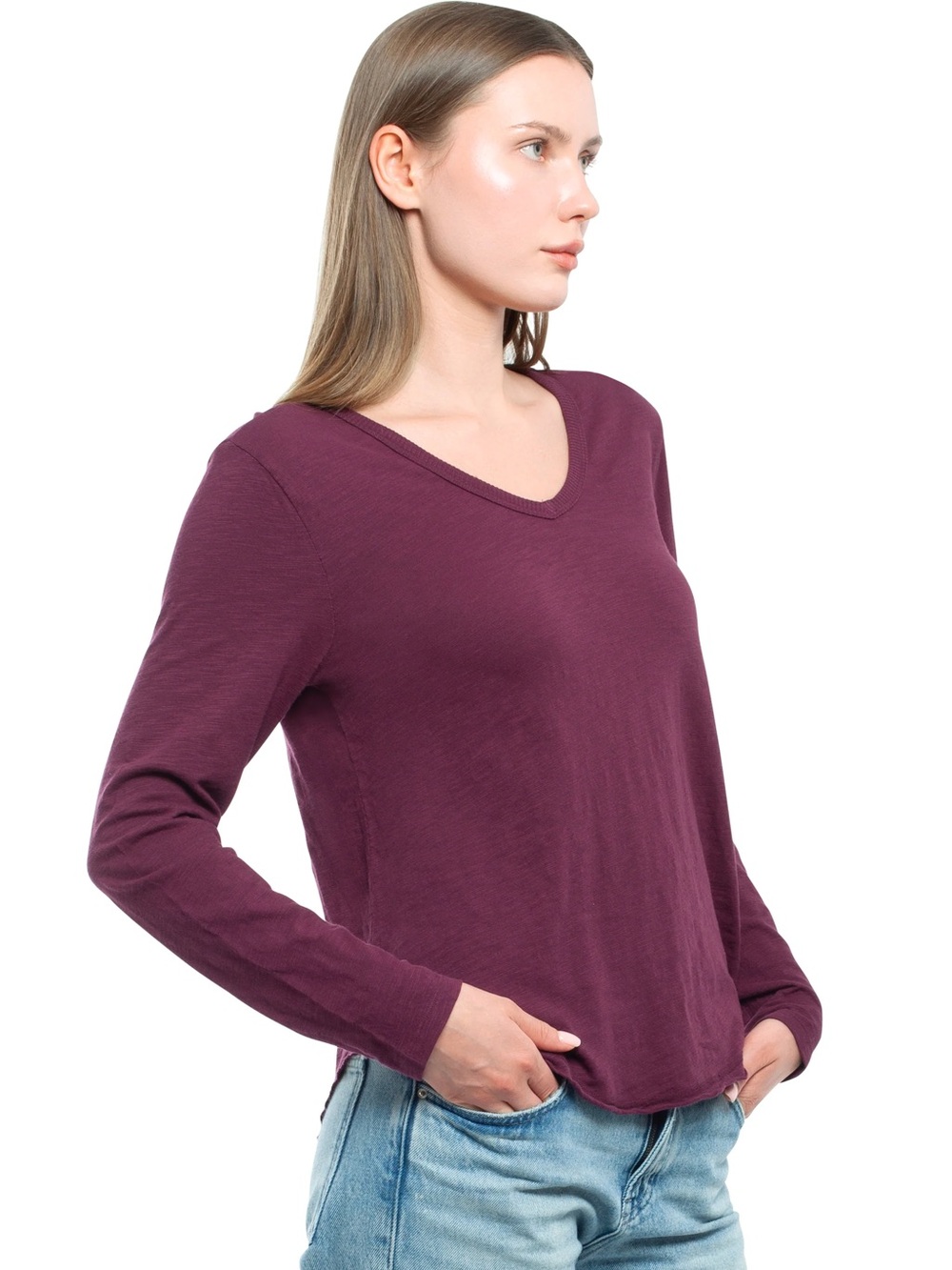 Wilt Long Sleeve V-Neck w/ Raw Hem Shirttail in “Dark Fig” Plum size Small